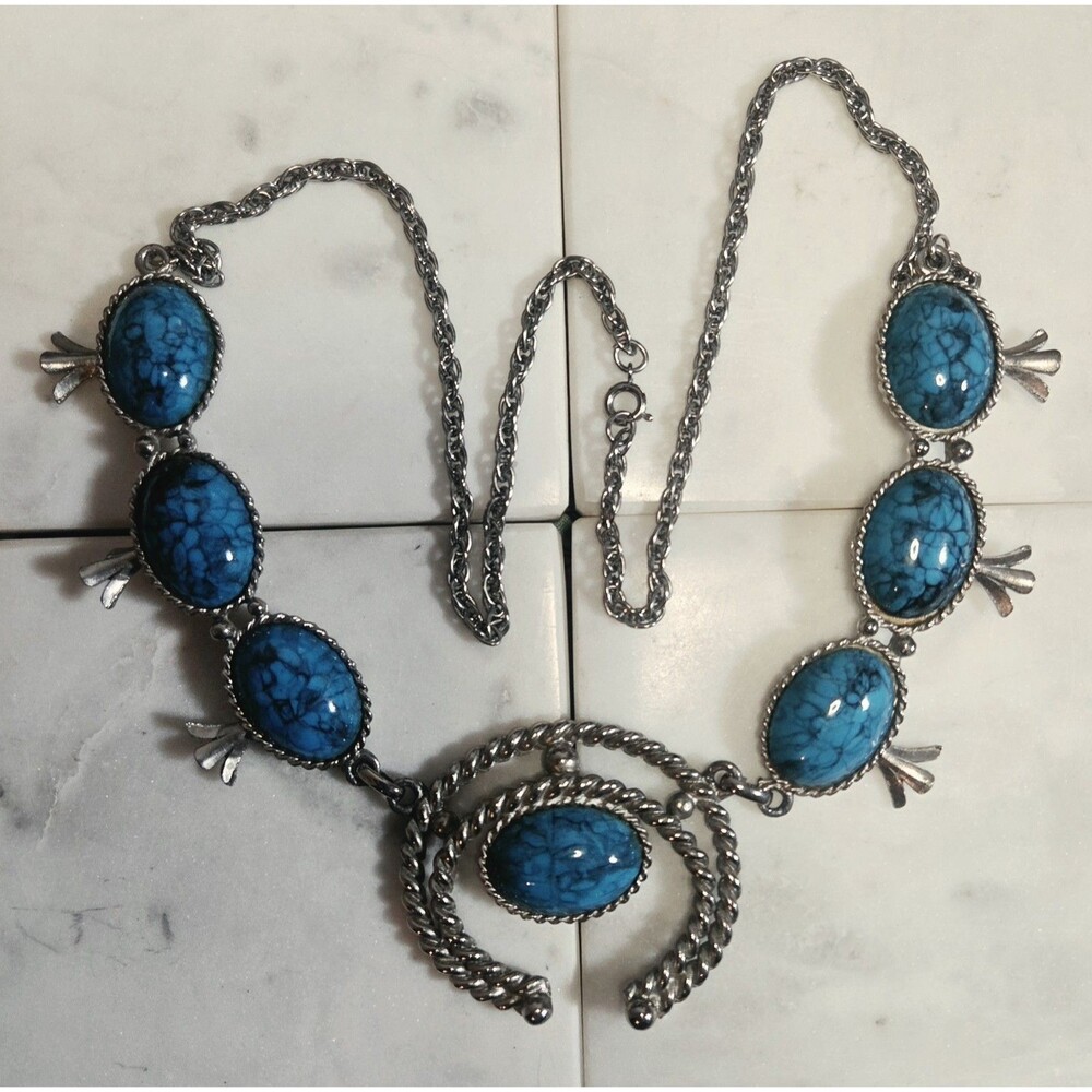 SILVER TONE FAUX TURQUOISE SQUASH BLOSSOM CONCHO NECKLACE